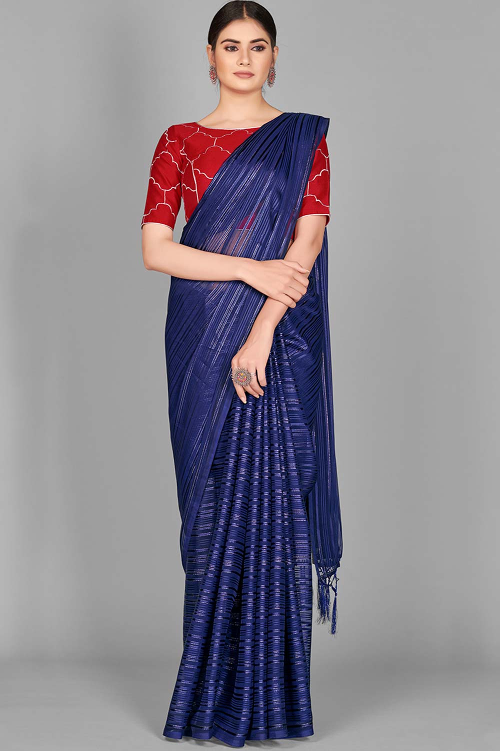 Buy Art Silk Woven Saree in Navy Blue Online