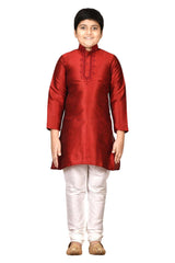 Boys Maroon Silk Neck Embroidered Kurta Pyjama Set