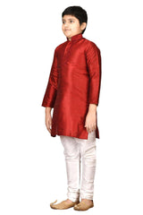 Boys Maroon Silk Neck Embroidered Kurta Pajama Set