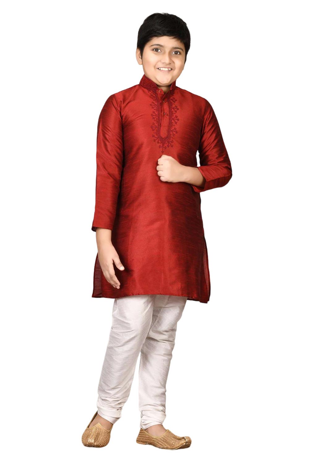 Boys Maroon Silk Neck Embroidered Kurta Pajama Set