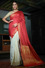 Red And Off-White Art Silk Zari Saree