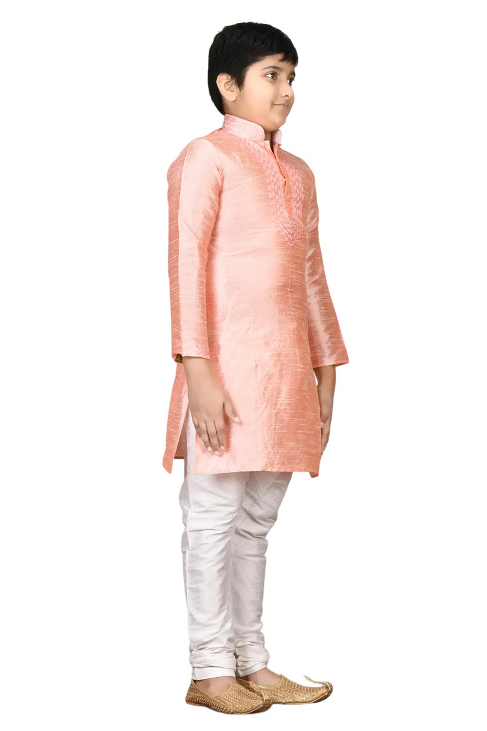 Boys Pink Silk Neck Embroidered Kurta Pyjama Set