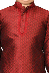 Boys Maroon Broket Woven Design And Neck Embroidered Kurta Pyjama Set