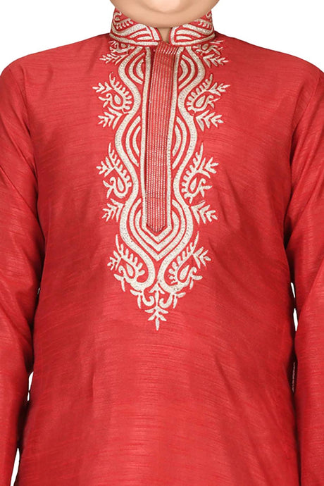 Boys Red Silk Neck Embroidered Kurta Pyjama Set