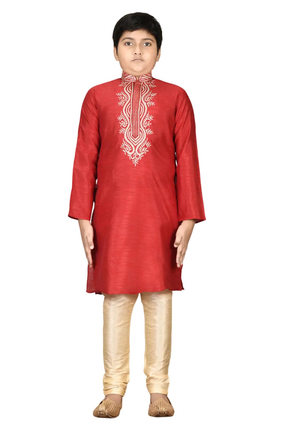 Boys Red Silk Neck Embroidered Kurta Pyjama Set