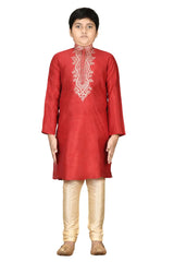 Boys Red Silk Neck Embroidered Kurta Pyjama Set