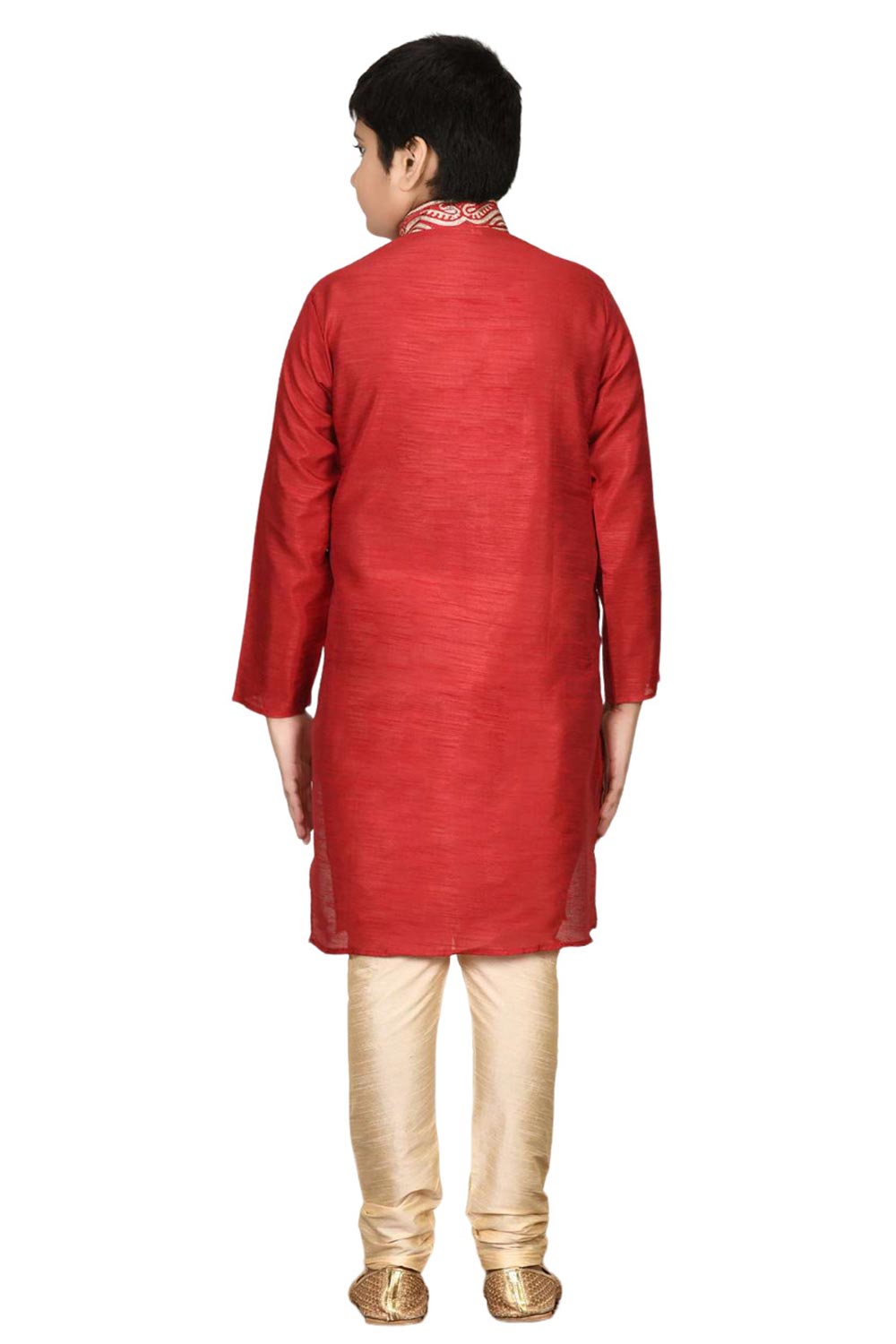 Boys Red Silk Neck Embroidered Kurta Pajama Set