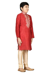 Boys Red Silk Neck Embroidered Kurta Pajama Set