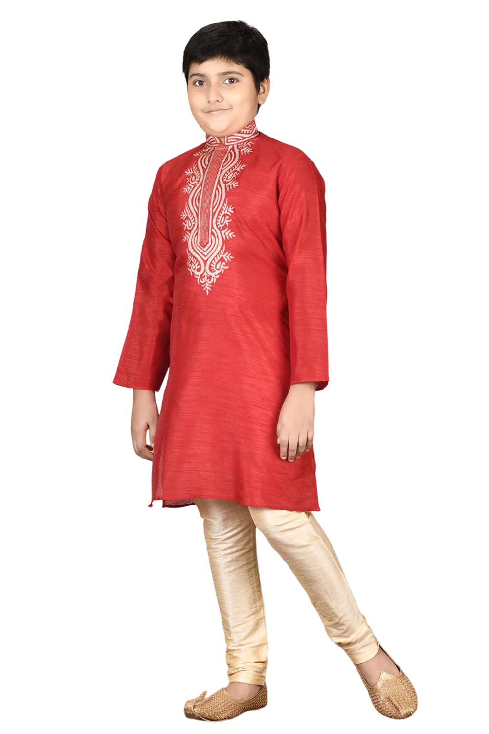 Boys Red Silk Neck Embroidered Kurta Pajama Set