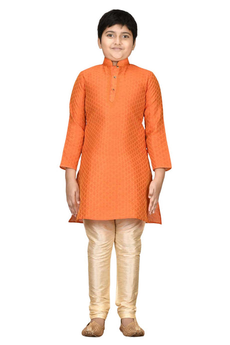 Boys Orange Broket Woven Design And Neck Embroidered Kurta Pyjama Set