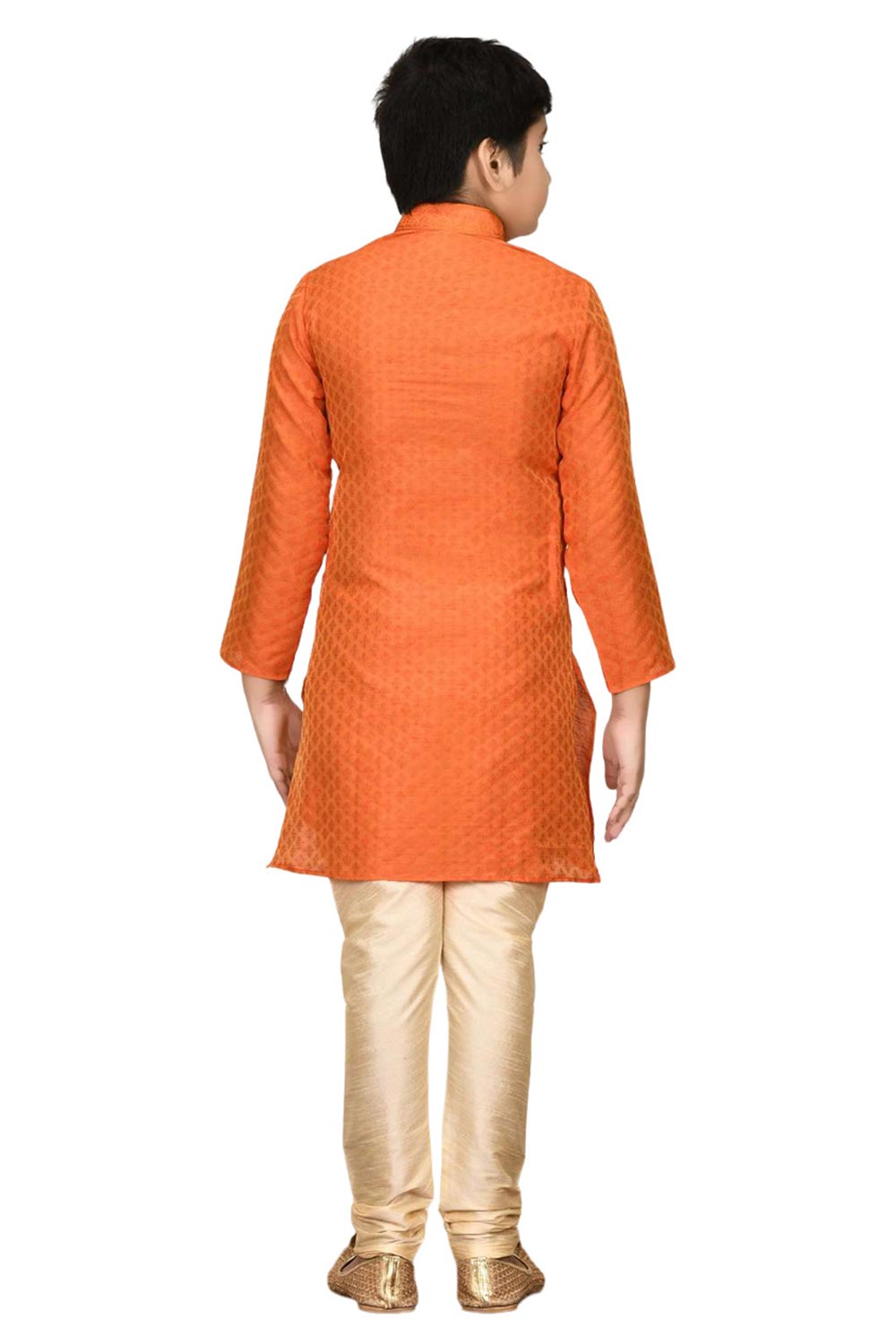 Boys Orange Broket Woven Design And Neck Embroidered Kurta Pyjama Set