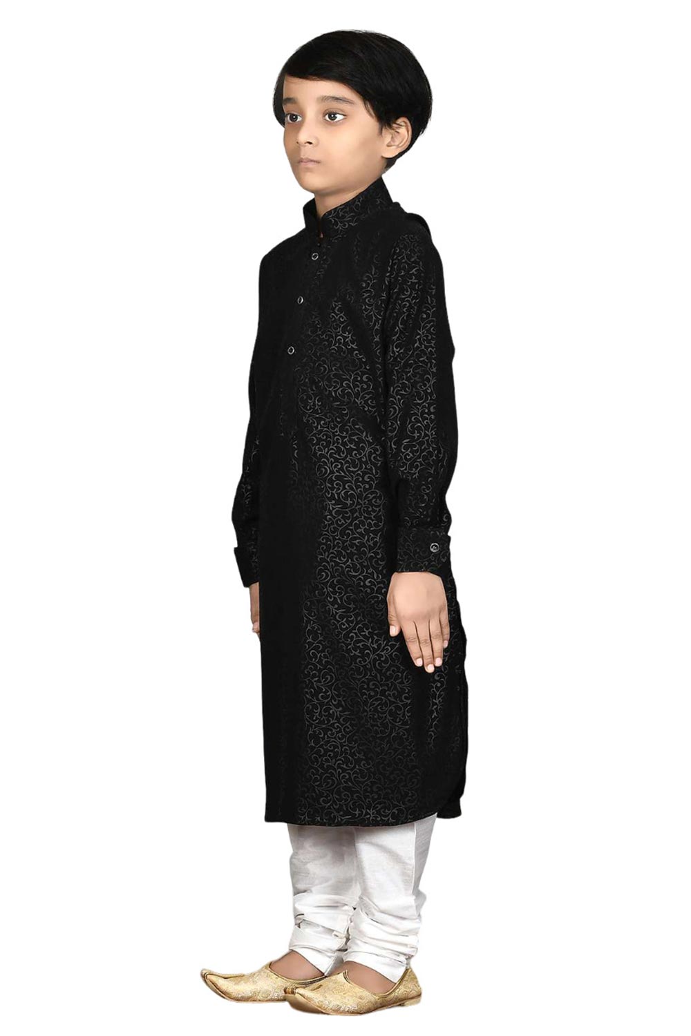 Boys Black Broket Floral Print Kurta Pajama Set