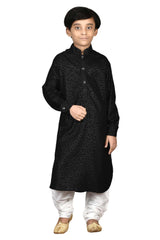 Boys Black Broket Floral Print Kurta Pajama Set