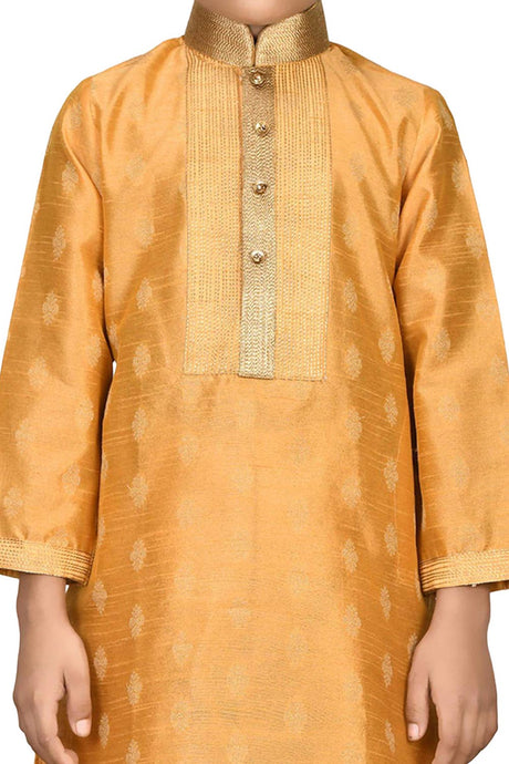 Boys Dark Orange Silk Woven Design And Neck Embroidered Kurta Pyjama Set