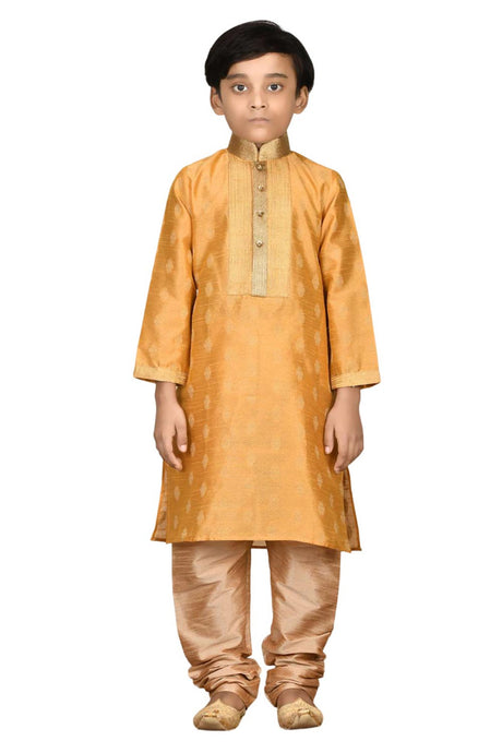 Boys Dark Orange Silk Woven Design And Neck Embroidered Kurta Pyjama Set