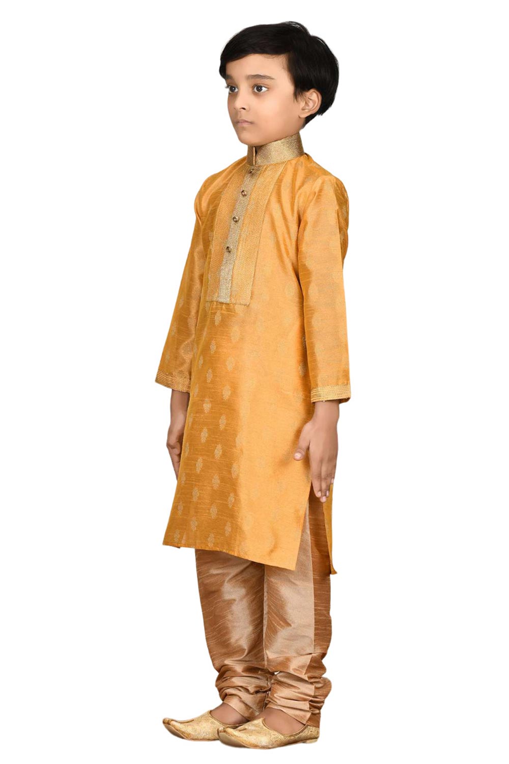 Boys Dark Orange Silk Woven Design And Neck Embroidered Kurta Pajama Set