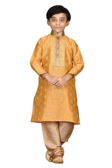 Boys Dark Orange Silk Woven Design And Neck Embroidered Kurta Pajama Set