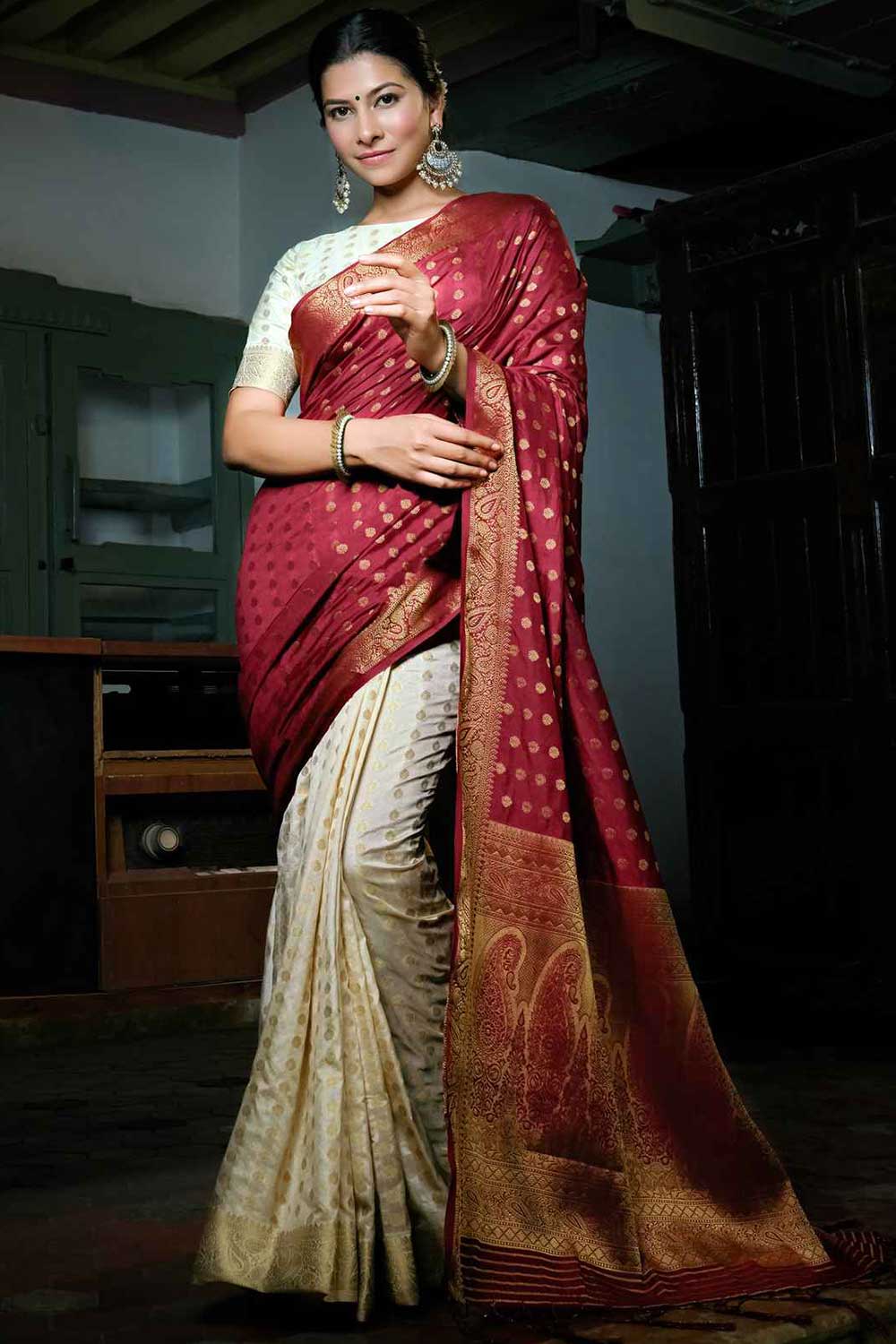 Maroon And Beige Art Silk Zari Saree