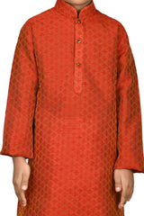 Boys Maroon Broket Woven Design And Neck Embroidered Kurta Pajama Set