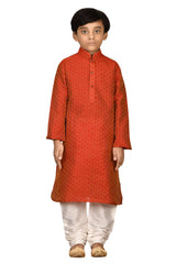 Boys Maroon Broket Woven Design And Neck Embroidered Kurta Pajama Set