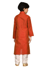 Boys Maroon Broket Woven Design And Neck Embroidered Kurta Pajama Set