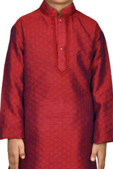 Boys Maroon Broket Woven Design And Neck Embroidered Kurta Pajama Set