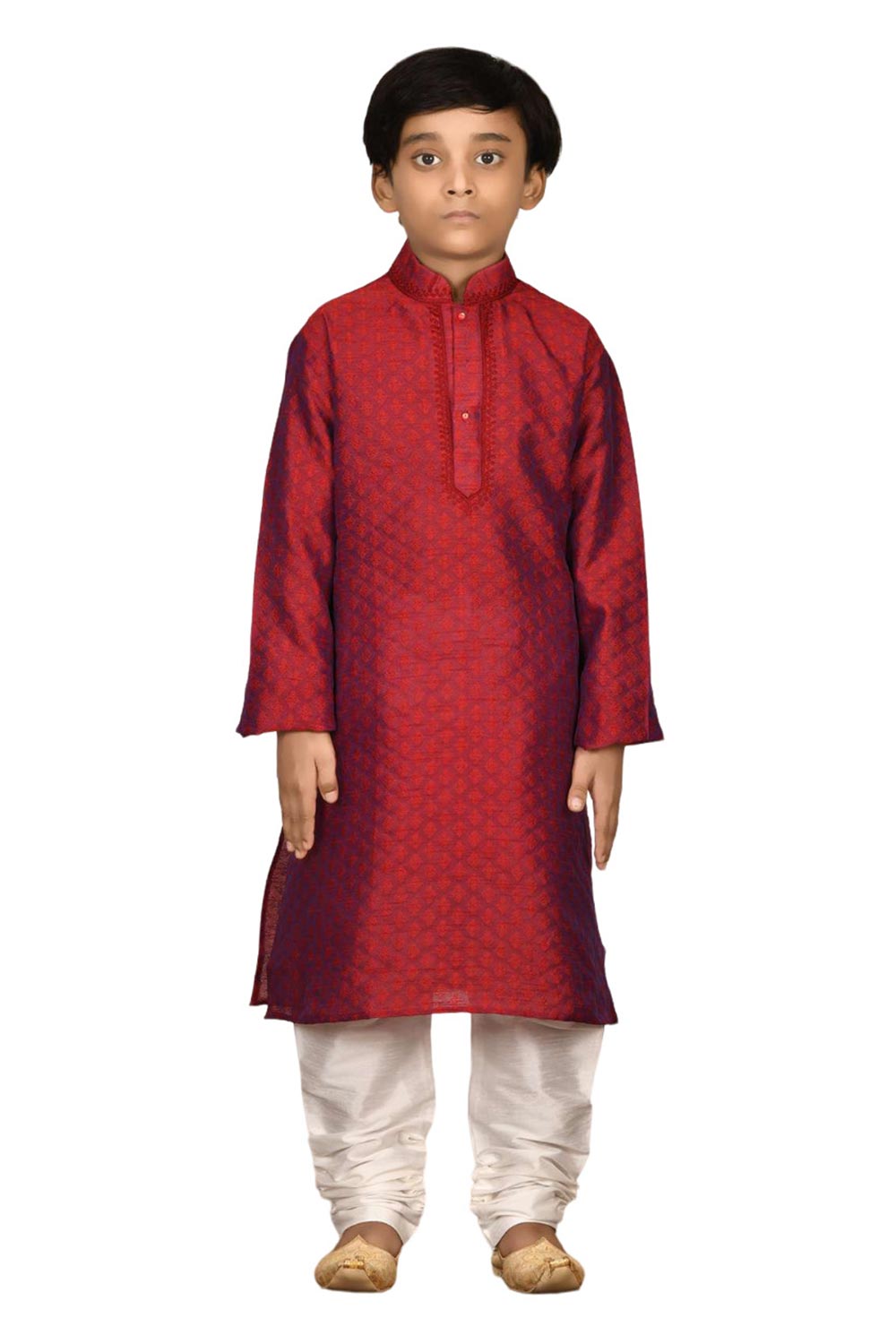 Boys Maroon Broket Woven Design And Neck Embroidered Kurta Pajama Set