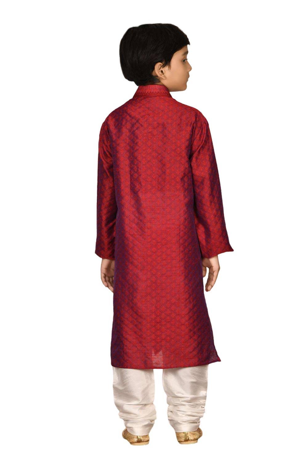 Boys Maroon Broket Woven Design And Neck Embroidered Kurta Pajama Set