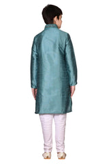 Boys Rama Green Silk Neck Embroidered Kurta Pajama Set