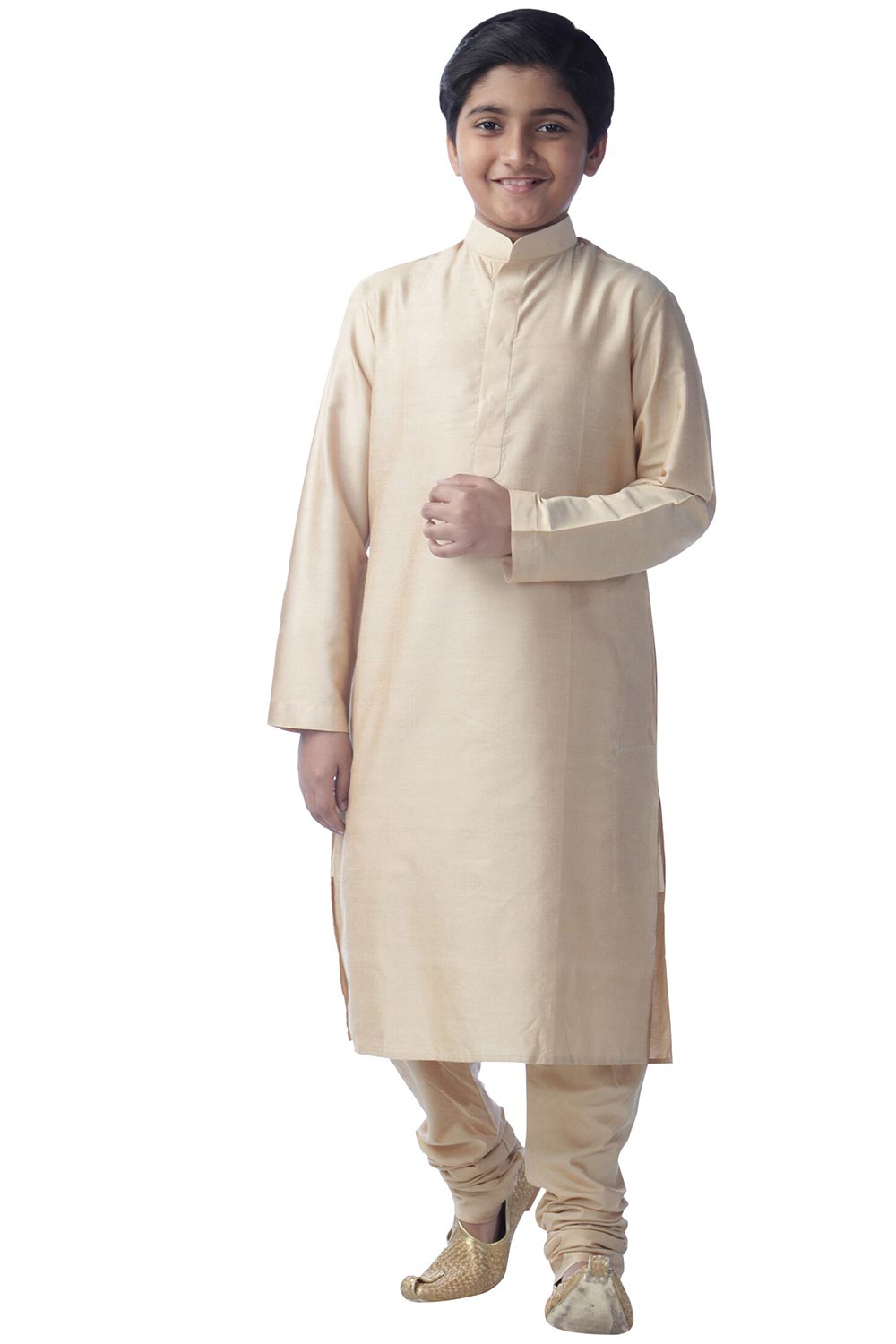 Boys Off White Silk Solid Kurta Pajama Set