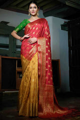 Red And Mustard Art Silk Zari Saree