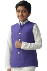 Boys Off White Silk Neck Embroidered Kurta Pajama Jacket Set