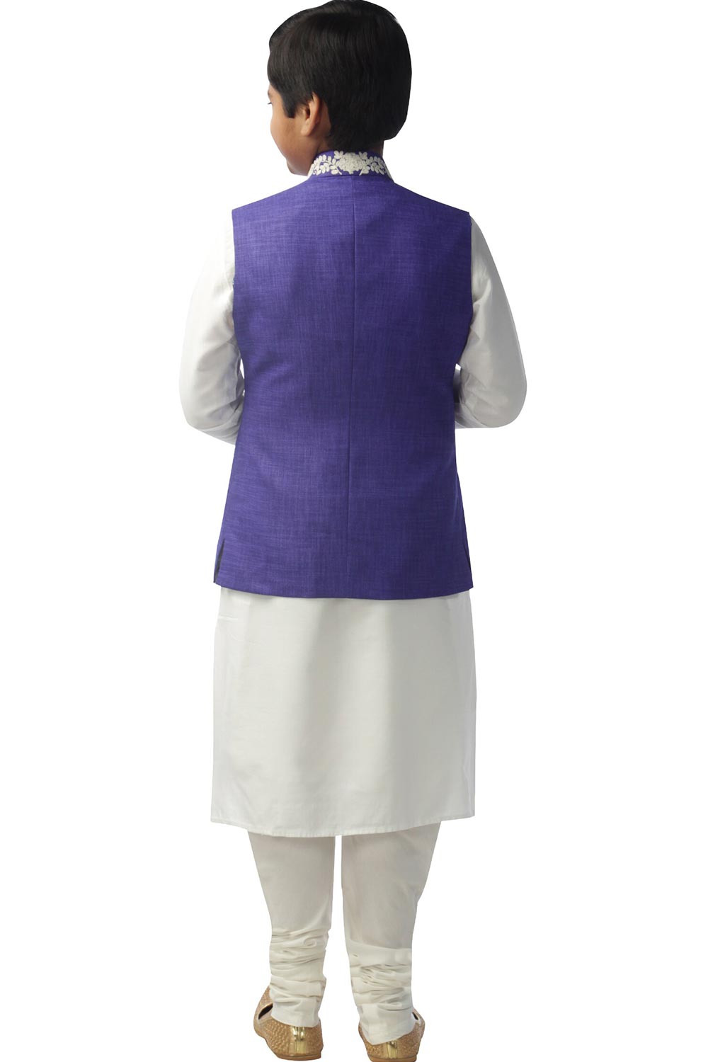 Boys Off White Silk Neck Embroidered Kurta Pajama Jacket Set