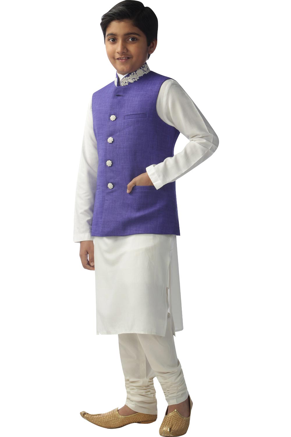 Boys Off White Silk Neck Embroidered Kurta Pajama Jacket Set