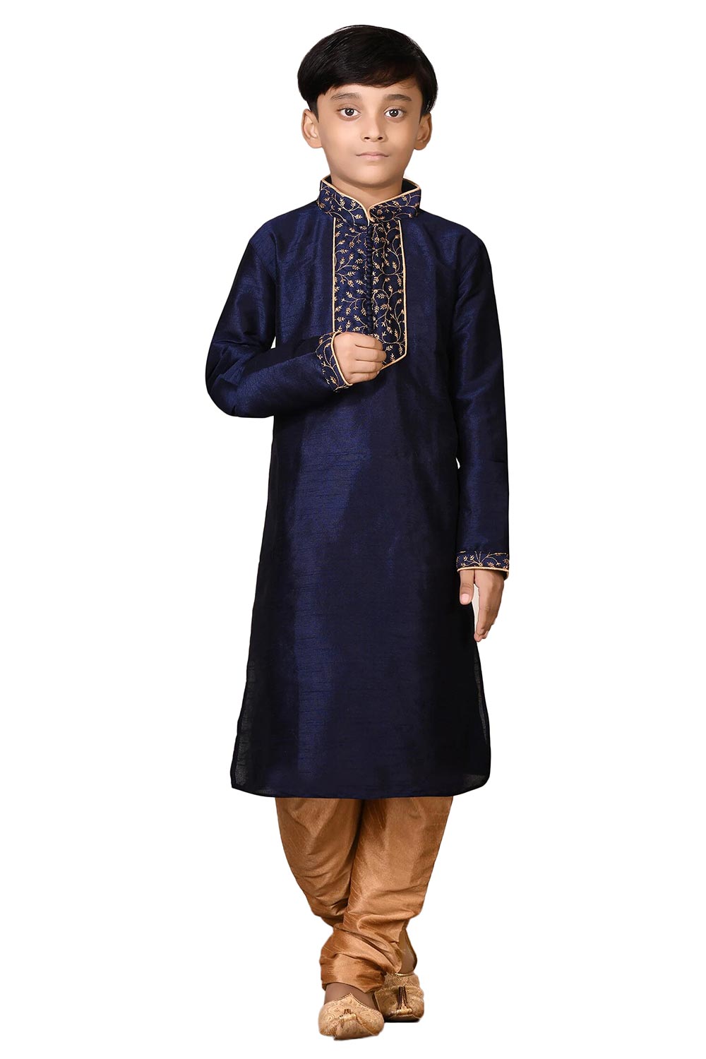 Boys Navy Blue Silk Neck Embroidered Kurta Pajama Set