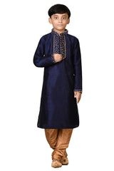 Boys Navy Blue Silk Neck Embroidered Kurta Pajama Set