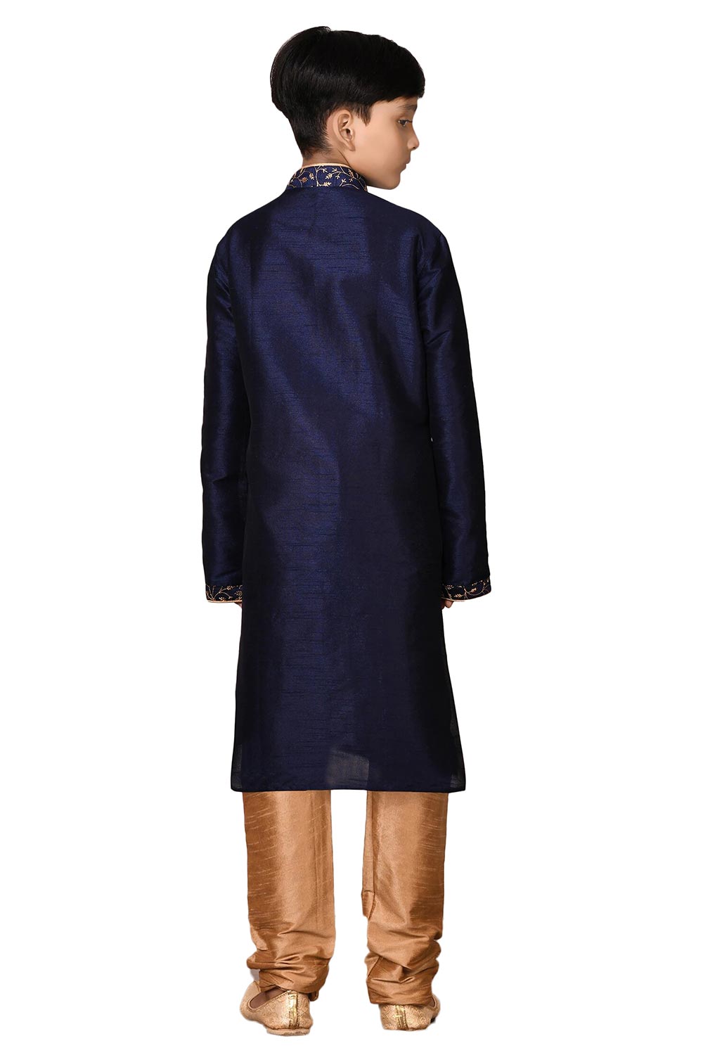 Boys Navy Blue Silk Neck Embroidered Kurta Pajama Set