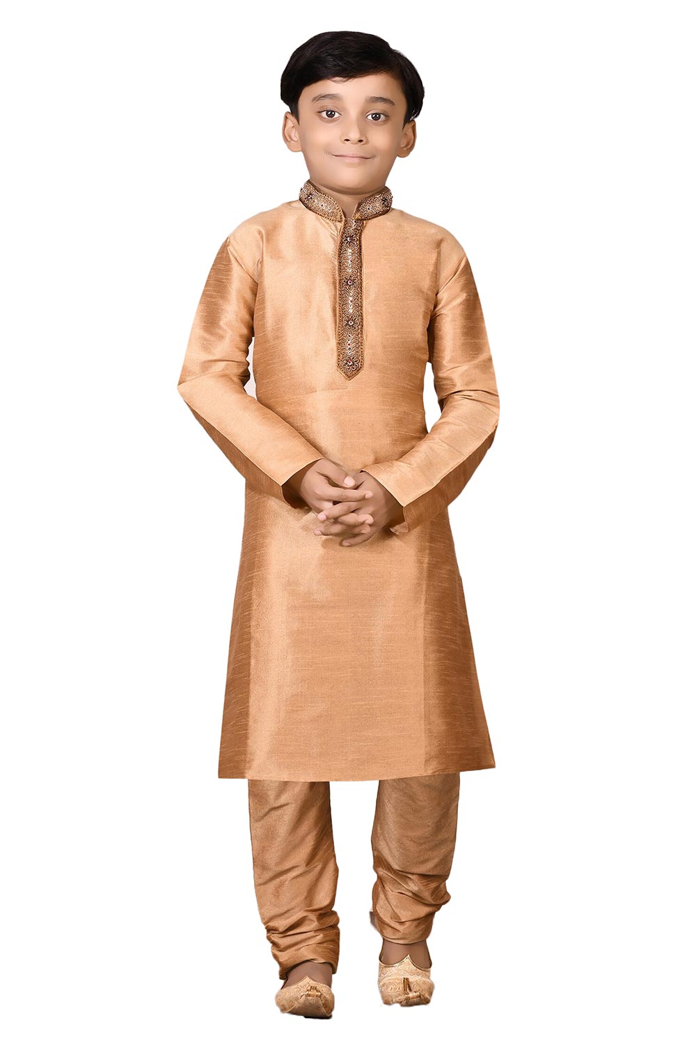 Boys Gold Silk Neck Embroidered Kurta Pajama Set