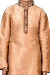 Boys Gold Silk Neck Embroidered Kurta Pajama Set