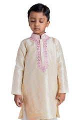 Boys Peach Silk Neck Mirror Embroidery Kurta Pajama Set