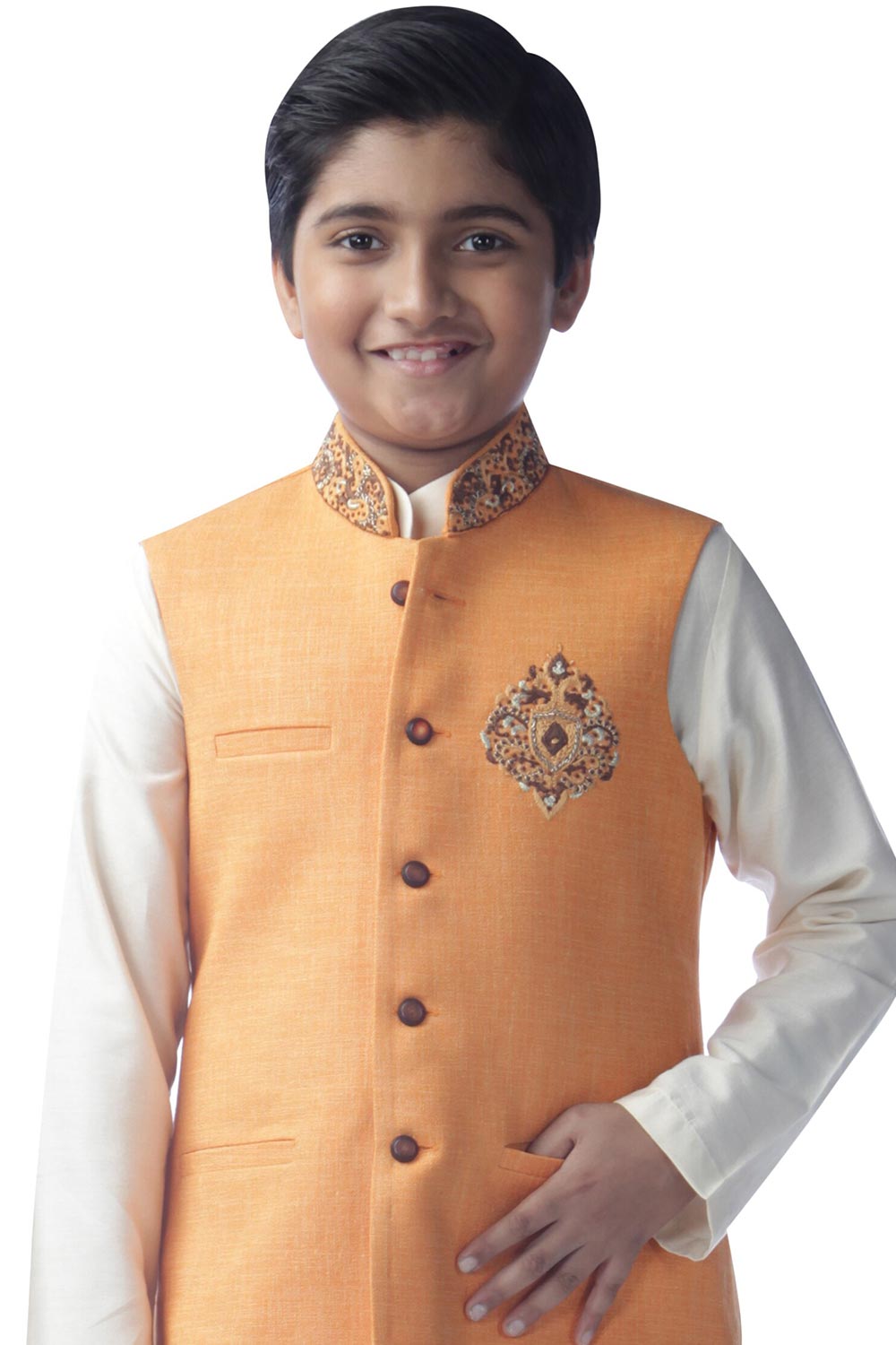 Boys Lemon Silk Neck Embroidered Kurta Pajama Jacket Set