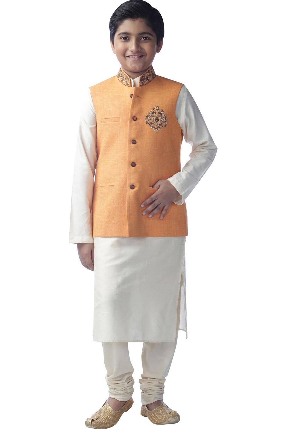 Boys Lemon Silk Neck Embroidered Kurta Pajama Jacket Set