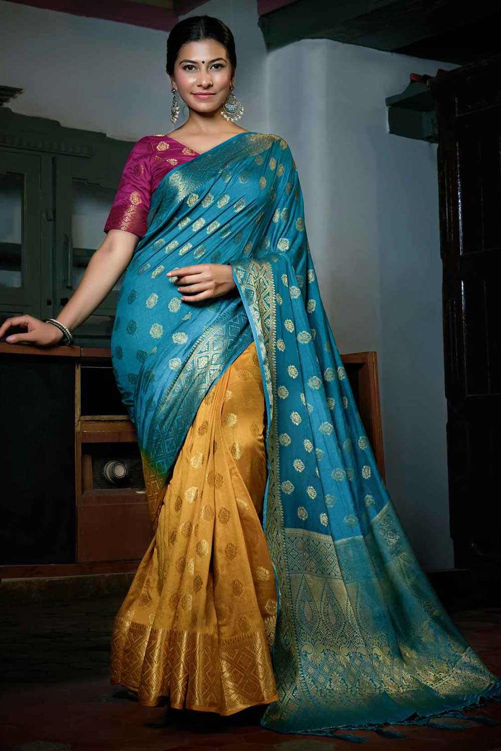 Blue And Mustard Art Silk Zari Saree