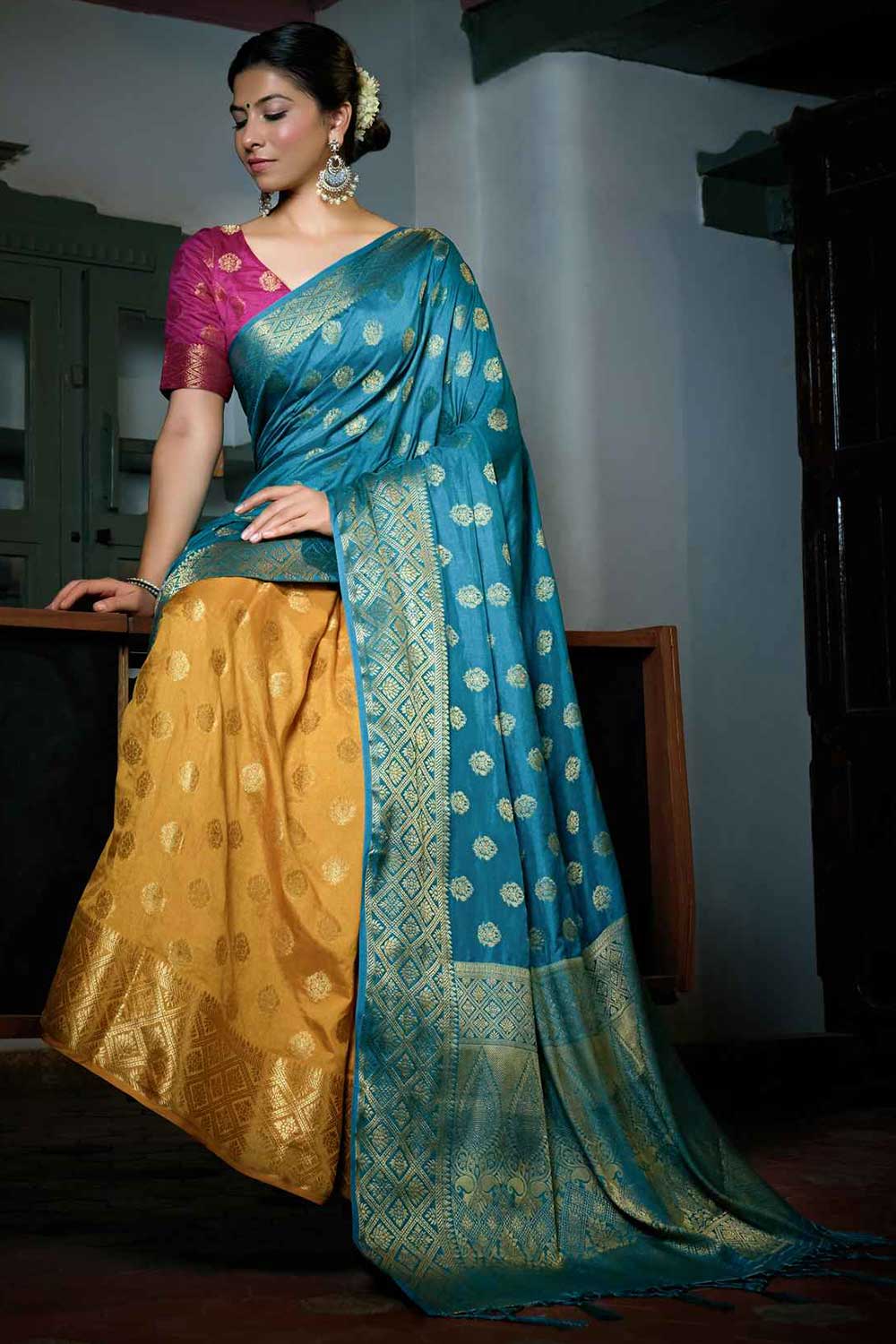 Blue And Mustard Art Silk Zari Saree