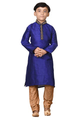 Boys Navy Blue Silk Neck Embroidered Kurta Pajama Set