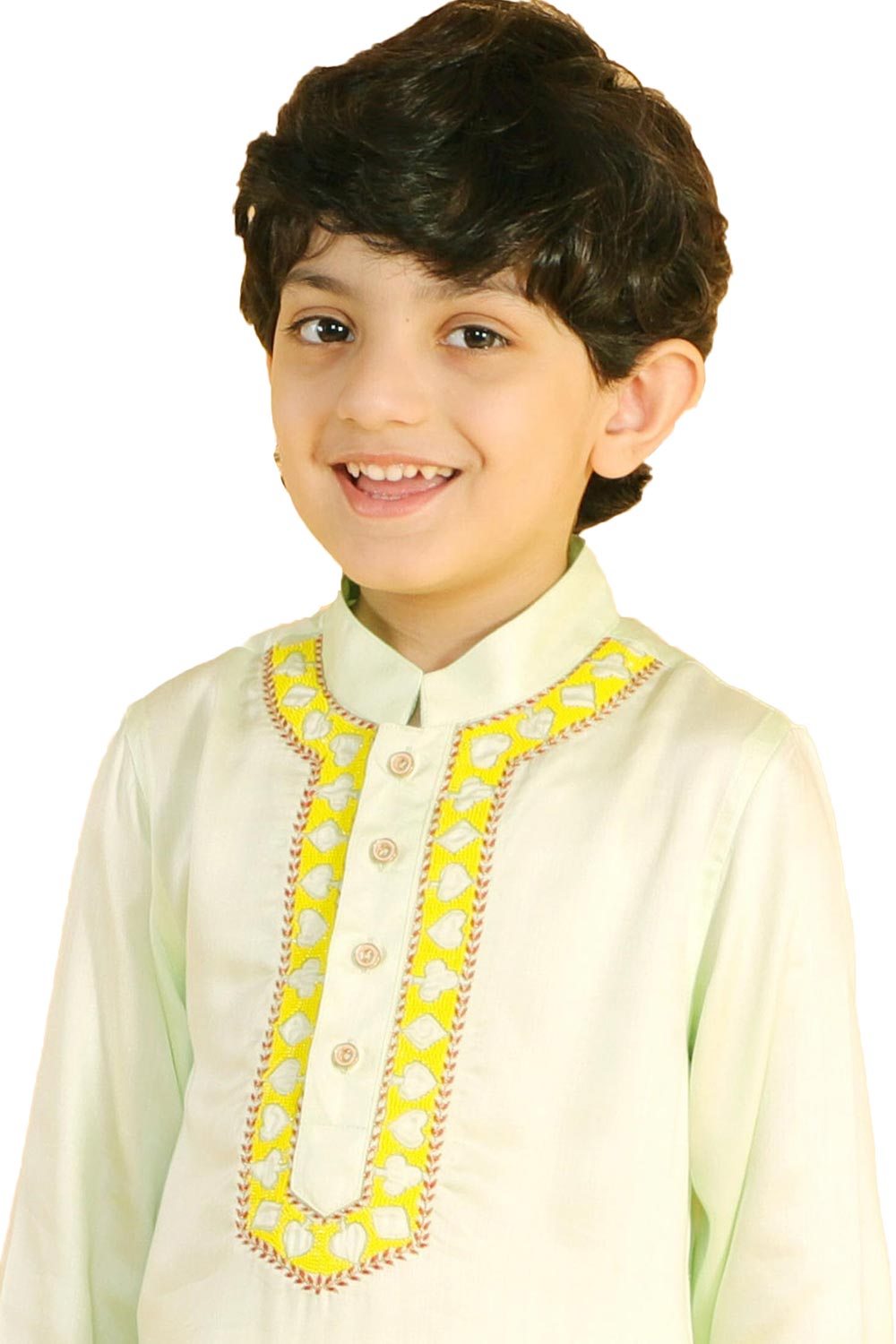 Boys Lemon Silk Neck Embroidered Kurta Pajama Set