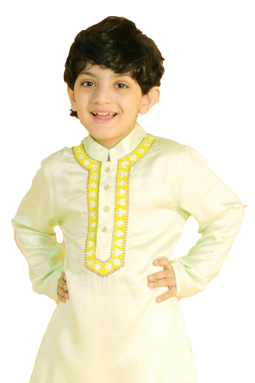 Boys Lemon Silk Neck Embroidered Kurta Pajama Set