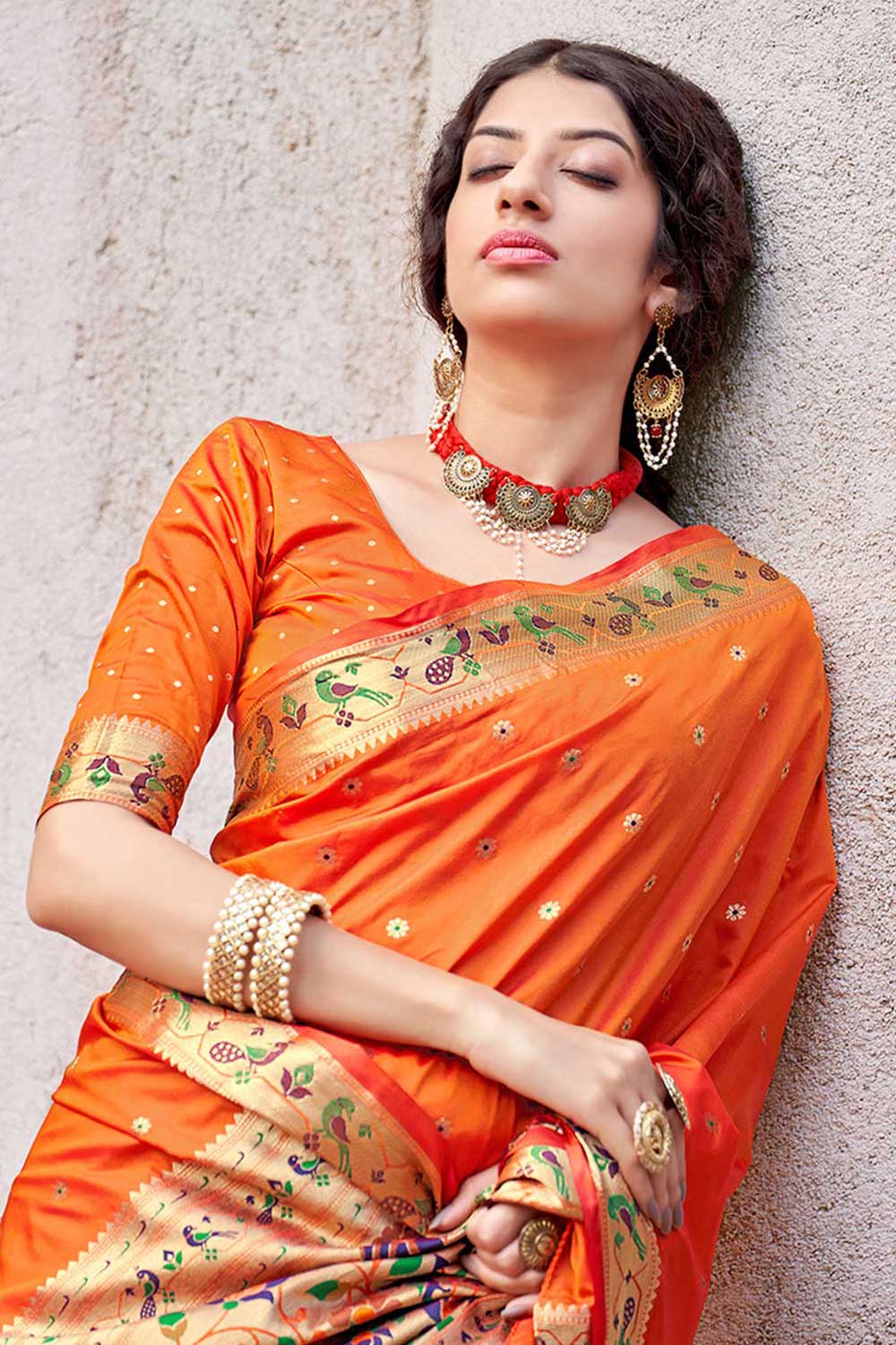 Buy Banarasi Art Silk Zari Woven Saree in Orange - Back