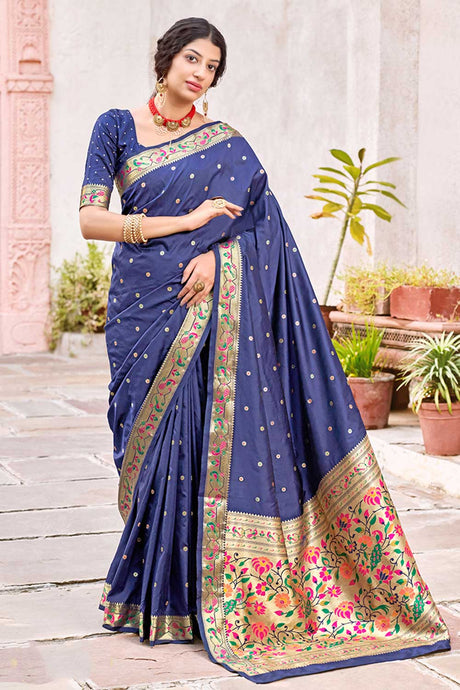 Buy Banarasi Art Silk Zari Woven Saree in Navy Blue Online