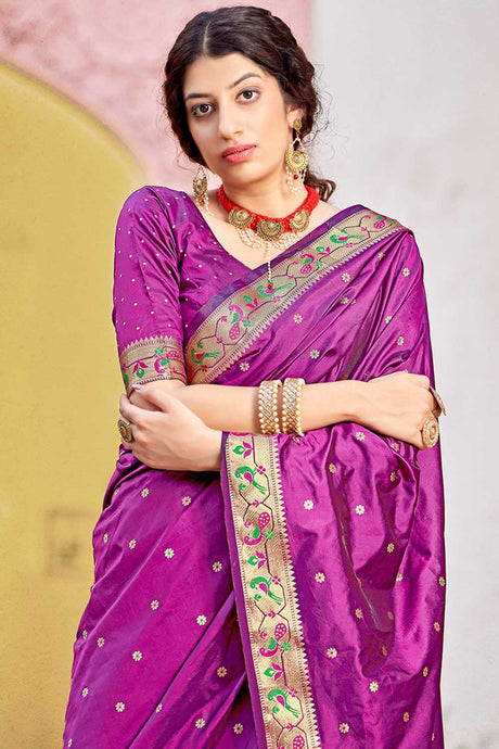 Buy Banarasi Art Silk Zari Woven Saree in Purple - Back